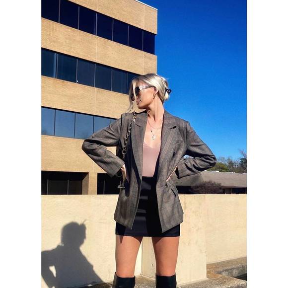 NEW BY TOGETHER prince of wales double-breasted blazer in brown - Picture 2 of 4